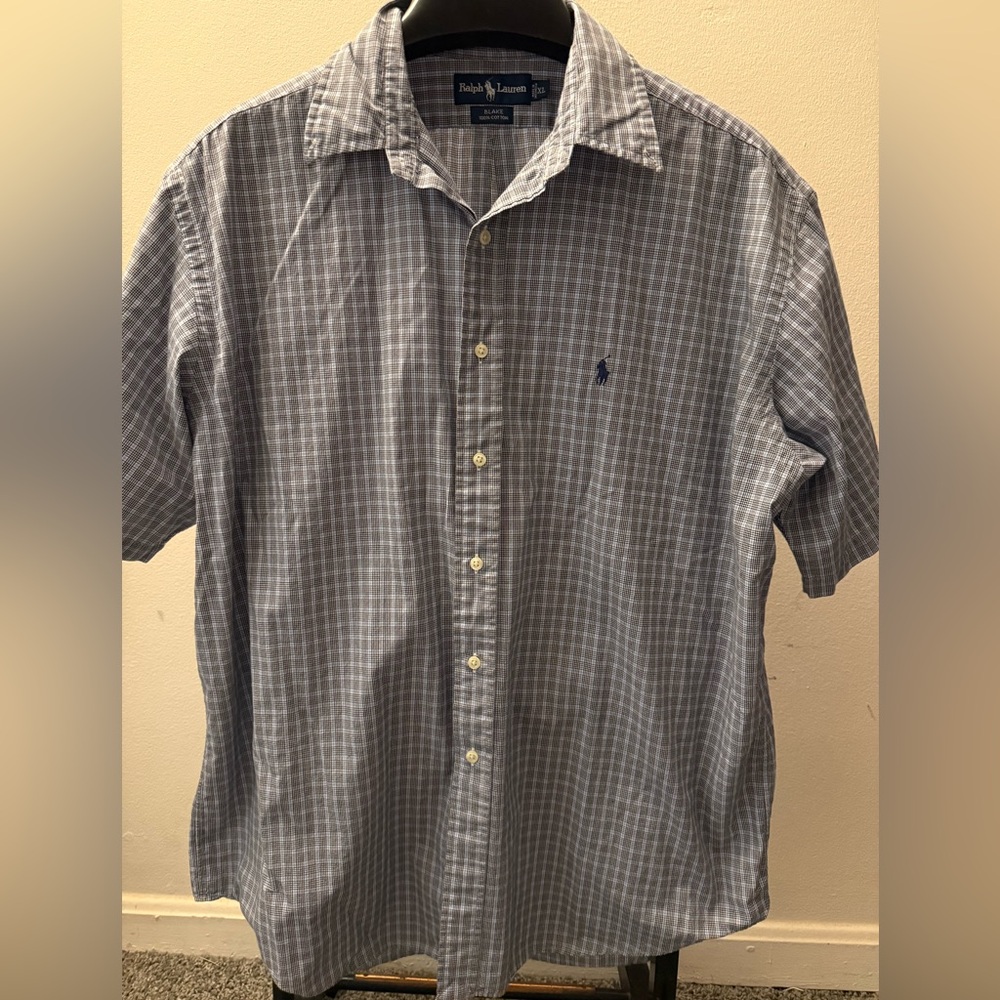 ⭐️3/$20 Ralph Lauren Mens Plaid Short Sleeve Button Down Shirt Blue White XL - Picture 2 of 3